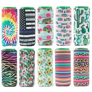 HaiMay 10 Pieces Slim Beer Can Sleeves /Cooler Covers Fit for 12oz Slim Energy Drink Beer Cans, Fashion Styles