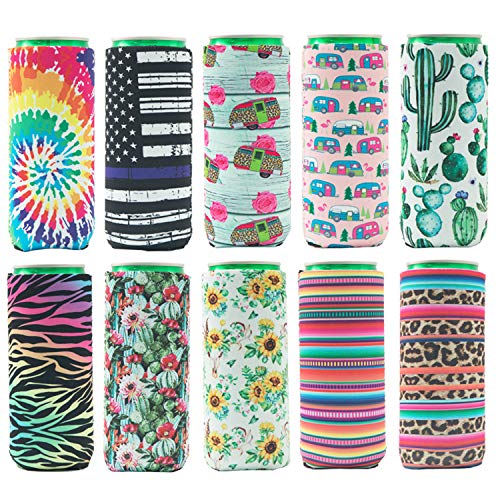 HaiMay 10 Pieces Slim Beer Can Sleeves /Cooler Covers Fit for 12oz Slim Energy Drink Beer Cans, Fashion Styles