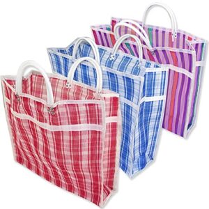 pack of 3 big size gusseted mercado bags - mexican tote market reusable grocery bag, multipurpose high thread mesh bag with assorted colors (15" x 18")