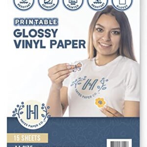 HAYES PAPER, Vinyl Sticker Paper for Inkjet Printers, 15 Premium Glossy White Waterproof Vinyl Sheets, A4 Size