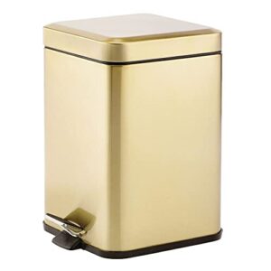 mdesign slim metal square 1.5 gallon trash can with step pedal, easy-close lid, removable liner - narrow wastebasket garbage container bin for bathroom, bedroom, kitchen, office - soft brass