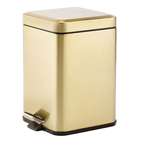 mDesign Slim Metal Square 1.5 Gallon Trash Can with Step Pedal, Easy-Close Lid, Removable Liner - Narrow Wastebasket Garbage Container Bin for Bathroom, Bedroom, Kitchen, Office - Soft Brass