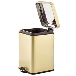 mDesign Slim Metal Square 1.5 Gallon Trash Can with Step Pedal, Easy-Close Lid, Removable Liner - Narrow Wastebasket Garbage Container Bin for Bathroom, Bedroom, Kitchen, Office - Soft Brass