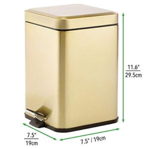 mDesign Slim Metal Square 1.5 Gallon Trash Can with Step Pedal, Easy-Close Lid, Removable Liner - Narrow Wastebasket Garbage Container Bin for Bathroom, Bedroom, Kitchen, Office - Soft Brass