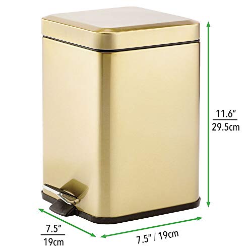 mDesign Slim Metal Square 1.5 Gallon Trash Can with Step Pedal, Easy-Close Lid, Removable Liner - Narrow Wastebasket Garbage Container Bin for Bathroom, Bedroom, Kitchen, Office - Soft Brass