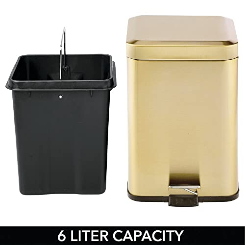 mDesign Slim Metal Square 1.5 Gallon Trash Can with Step Pedal, Easy-Close Lid, Removable Liner - Narrow Wastebasket Garbage Container Bin for Bathroom, Bedroom, Kitchen, Office - Soft Brass