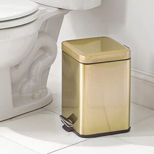 mDesign Slim Metal Square 1.5 Gallon Trash Can with Step Pedal, Easy-Close Lid, Removable Liner - Narrow Wastebasket Garbage Container Bin for Bathroom, Bedroom, Kitchen, Office - Soft Brass