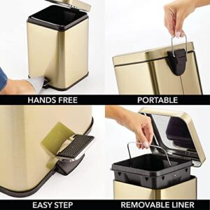 mDesign Slim Metal Square 1.5 Gallon Trash Can with Step Pedal, Easy-Close Lid, Removable Liner - Narrow Wastebasket Garbage Container Bin for Bathroom, Bedroom, Kitchen, Office - Soft Brass