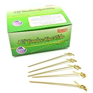 Gmark Bamboo Cocktail Picks 4.5" 300 ct - Bamboo Knot Skewers, Looped Knot Twisted Ends Perfect for Cocktail Party, Barbeque, Club Sandwiches - Pack in Box GM1114