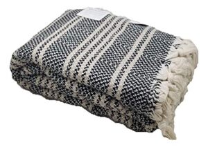 infusezen turkish throw blanket made from 100% turkish cotton, large lightweight handwoven sofa throw, partial bed cover or loveseat blanket (black with beige stripes)
