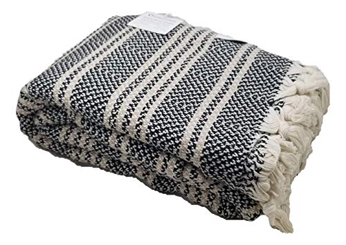 InfuseZen Turkish Throw Blanket Made from 100% Turkish Cotton, Large Lightweight Handwoven Sofa Throw, Partial Bed Cover or Loveseat Blanket (Black with Beige Stripes)