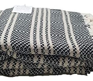 InfuseZen Turkish Throw Blanket Made from 100% Turkish Cotton, Large Lightweight Handwoven Sofa Throw, Partial Bed Cover or Loveseat Blanket (Black with Beige Stripes)