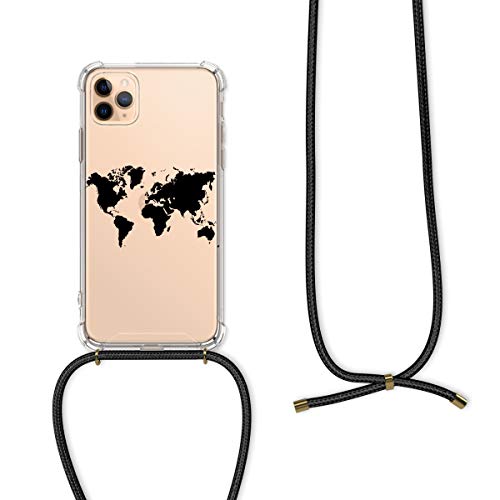 kwmobile Crossbody Case Compatible with Apple iPhone 11 Pro Max Case Strap - Travel Outline Black/Transparent