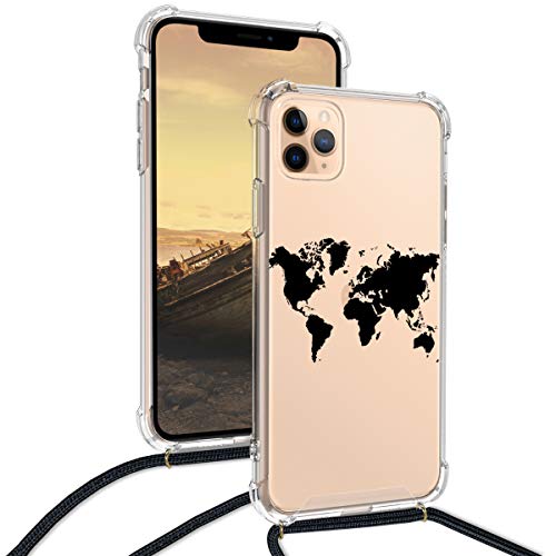 kwmobile Crossbody Case Compatible with Apple iPhone 11 Pro Max Case Strap - Travel Outline Black/Transparent