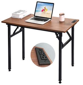 frylr small folding writing desk with usb ports & power plugs 31.5x15.7x29 inch small office computer desks portable for home office, foldable student study tables for small space, walnut