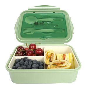 uptrust bento lunch container for kids, bento adult box with 3 compartment. leak-proof, microwave safe, dishwasher safe, freezer safe,meal fruit snack packing box(spoon&fork included) (green)