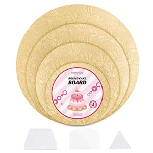 hemoton 4pcs reusable thicker cake boards with embossed foil wrapping and 3 scrapers for cake decoration wedding birthday party 12" 10" 8" 6" (gold)
