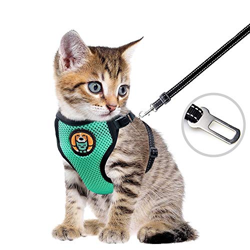 AWOOF Reflective Kitten Harness and Leash Escape Proof with Car Seat Belt, Adjustable Cat Puppy Walking Jacket with Metal Leash Ring, Soft Breathable Small Pet Vest (S)