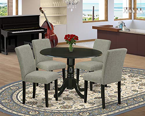 East West Furniture DLAB5-BLK-06 5Pc Round 42" Kitchen Table With Two 9-Inch Drop Leaves And Four Parson Chair With Black Leg And Linen Fabric Shitake, 5-Piece