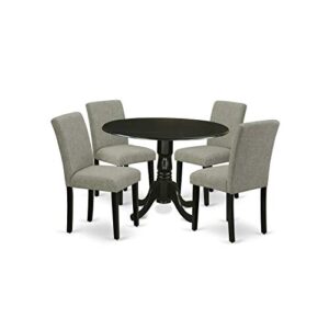 East West Furniture DLAB5-BLK-06 5Pc Round 42" Kitchen Table With Two 9-Inch Drop Leaves And Four Parson Chair With Black Leg And Linen Fabric Shitake, 5-Piece