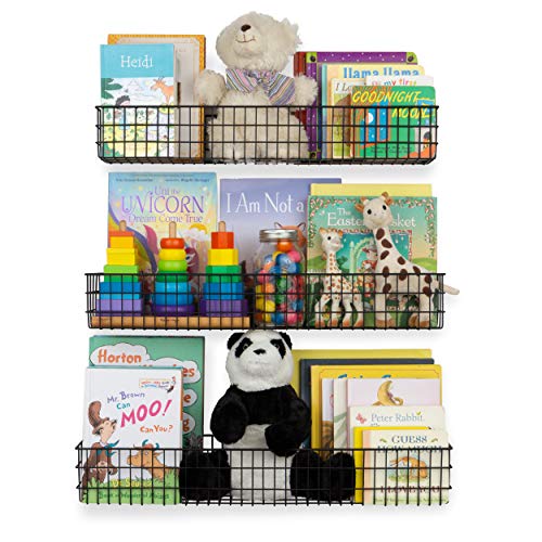 Wall35 Kansas Wall Mounted Black Bookshelf for Kids' Room Decor, Metal Wire Storage Basket Set of 3 (Varying Sizes)