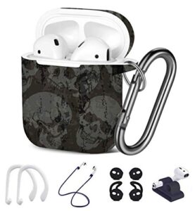 [ compatible with apple airpods 1 & 2 ] 7 in 1 airpods accessories set - tpu gel protective case/carabiner keychain/ear hooks/strap/watch band holder - (skulls grunge pattern)