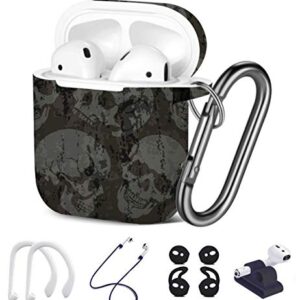 [ Compatible with Apple AirPods 1 & 2 ] 7 in 1 AirPods Accessories Set - TPU Gel Protective Case/Carabiner Keychain/Ear Hooks/Strap/Watch Band Holder - (Skulls Grunge Pattern)