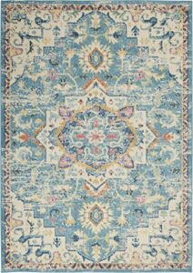nourison passion ivory/light blue 3'9" x 5'9" area rug, boho, moroccan, bed room, living room, dining room, kitchen, easy cleaning, non shedding, (4' x 6')