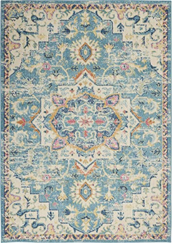 Nourison Passion Ivory/Light Blue 3'9" x 5'9" Area Rug, Boho, Moroccan, Bed Room, Living Room, Dining Room, Kitchen, Easy Cleaning, Non Shedding, (4' x 6')