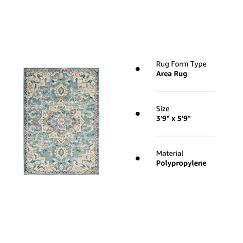 Nourison Passion Ivory/Light Blue 3'9" x 5'9" Area Rug, Boho, Moroccan, Bed Room, Living Room, Dining Room, Kitchen, Easy Cleaning, Non Shedding, (4' x 6')