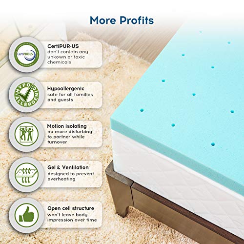 Nelaukoko 2 Inch Twin Memory Foam Mattress Topper, Single Size Foam Topper for Single Bed, Single Topper Ventilated Gel Foam Mattress Pad