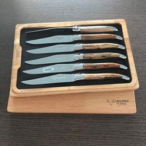 Laguiole en Aubrac Luxury Fully Forged Full Tang Stainless Steel Steak Knives 6-Piece Set with Aubrac Wood Handle, Stainless Steel Shiny Bolsters