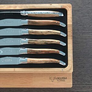 Laguiole en Aubrac Luxury Fully Forged Full Tang Stainless Steel Steak Knives 6-Piece Set with Aubrac Wood Handle, Stainless Steel Shiny Bolsters