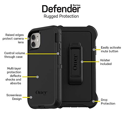 OtterBox iPhone 11 Defender Series Case - BLACK, rugged & durable, with port protection, includes holster clip kickstand