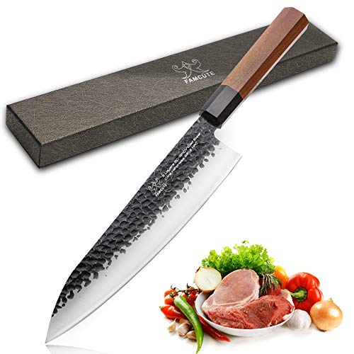 FAMCÜTE 8 Inch Japanese Gyuto Chef Knife, Hand Forged Kitchen Japanese Chef Knife, Rosewood Handle 3 Layer 9CR18MOV High Carbon Steel Blade Japanes Sushi Knife