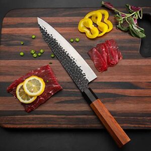 FAMCÜTE 8 Inch Japanese Gyuto Chef Knife, Hand Forged Kitchen Japanese Chef Knife, Rosewood Handle 3 Layer 9CR18MOV High Carbon Steel Blade Japanes Sushi Knife