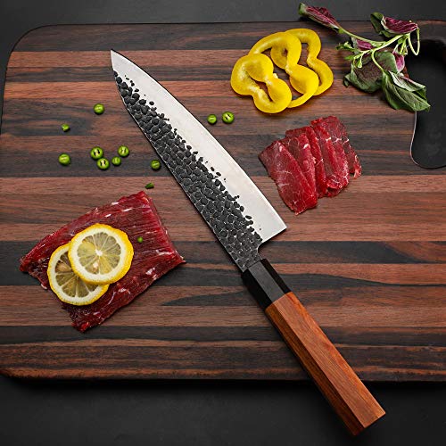 FAMCÜTE 8 Inch Japanese Gyuto Chef Knife, Hand Forged Kitchen Japanese Chef Knife, Rosewood Handle 3 Layer 9CR18MOV High Carbon Steel Blade Japanes Sushi Knife