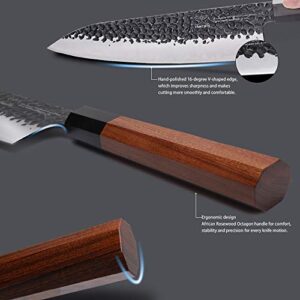 FAMCÜTE 8 Inch Japanese Gyuto Chef Knife, Hand Forged Kitchen Japanese Chef Knife, Rosewood Handle 3 Layer 9CR18MOV High Carbon Steel Blade Japanes Sushi Knife