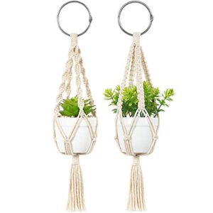 mkono mini macrame plant car accessories rear view mirrior charm cute hanging rearview car decor boho hanger with artificial succulent plants gifts for plant lover set of 2, white