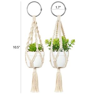 Mkono Mini Macrame Plant Car Accessories Rear View Mirrior Charm Cute Hanging Rearview Car Decor Boho Hanger with Artificial Succulent Plants Gifts for Plant Lover Set of 2, White