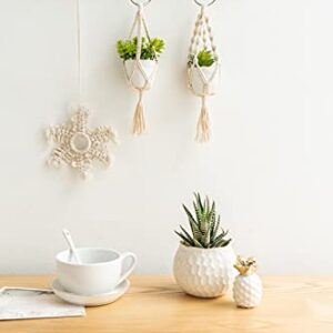 Mkono Mini Macrame Plant Car Accessories Rear View Mirrior Charm Cute Hanging Rearview Car Decor Boho Hanger with Artificial Succulent Plants Gifts for Plant Lover Set of 2, White