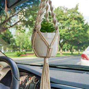 Mkono Mini Macrame Plant Car Accessories Rear View Mirrior Charm Cute Hanging Rearview Car Decor Boho Hanger with Artificial Succulent Plants Gifts for Plant Lover Set of 2, White