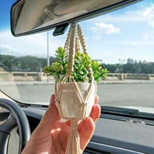 Mkono Mini Macrame Plant Car Accessories Rear View Mirrior Charm Cute Hanging Rearview Car Decor Boho Hanger with Artificial Succulent Plants Gifts for Plant Lover Set of 2, White