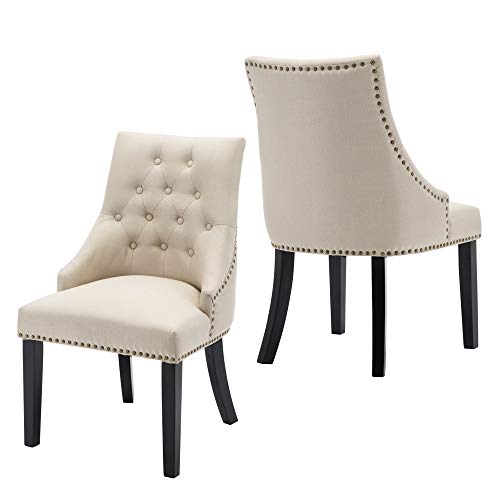 LSSBOUGHT Set of 2 Fabric Dining Chairs Leisure Padded Chairs with Black Solid Wooden Legs,Nailed Trim,Beige