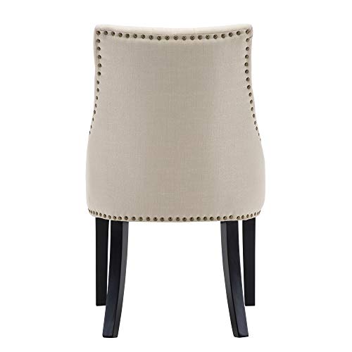 LSSBOUGHT Set of 2 Fabric Dining Chairs Leisure Padded Chairs with Black Solid Wooden Legs,Nailed Trim,Beige