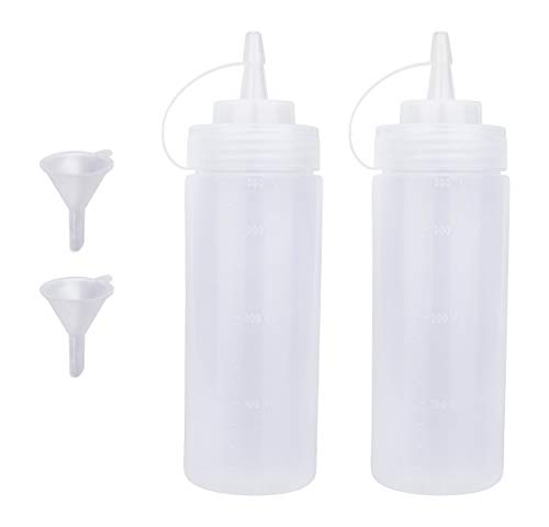 Katfort Squeeze Bottles for Sauces 2 Pack, 12 Ounce Plastic Dressing Squirt Bottles Ketchup Bottles with Cap Lids and Funnel, Condiment Bottles for Liquids BBQ Dressing Pancake Art Dispenser