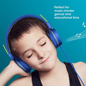 noot products Kids Headphones with Microphone K12 Stereo 5ft Long Cord with 85dB/94dB Volume Limit Wired On-Ear Headset for iPad/Amazon Kindle,Fire/Toddler/Boys/Girls/School/Travel/Plane(Blue/Lime)