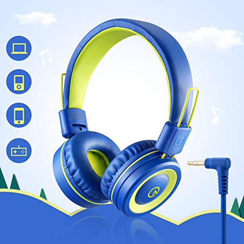 noot products Kids Headphones with Microphone K12 Stereo 5ft Long Cord with 85dB/94dB Volume Limit Wired On-Ear Headset for iPad/Amazon Kindle,Fire/Toddler/Boys/Girls/School/Travel/Plane(Blue/Lime)