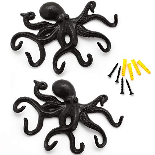 ChasBete Coat Hooks Wall Mounted Key Holder, Retro Octopus Towel Hooks for Bathrooms, Heavy Duty Wall Hooks Decorative- 2Pcs