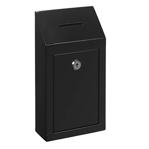 Metal Donation Box & Collection Box Office Suggestion Box Secure Box With Top Coin Slot and Lock Included with 2 Keys - Easy Wall Mounting or Counter Top Use (Black)